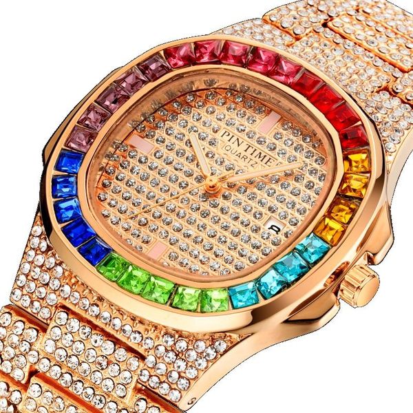 Orologi da polso PINTIME Orologio da uomo Impermeabile 3ATM Bling ghiacciato Cassa con diamanti colorati Orologio da polso al quarzo moda Orologio con cinturino in acciaio inossidabile