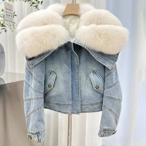 Mulheres pele falsa senhora inverno ganso para baixo denim grande gola real mulheres outerwear grosso quente estofamento casacos fl5906 230927