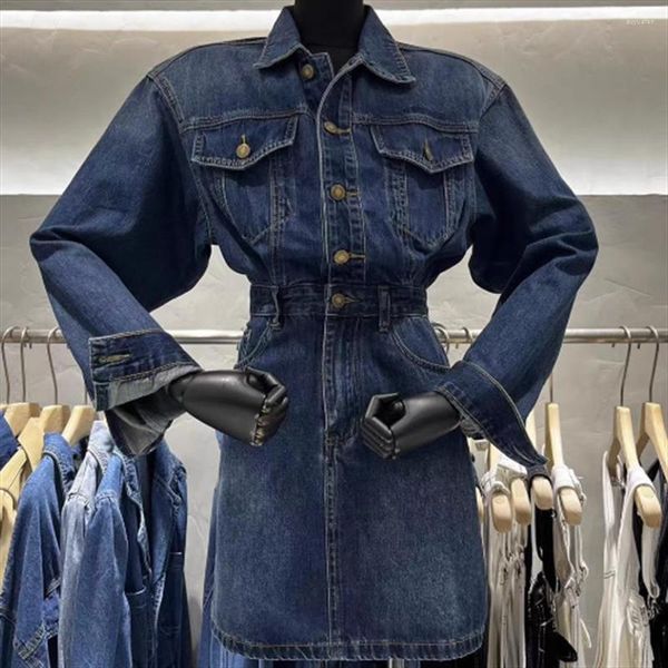 Lässige Kleider Vintage Denim Kleid schlanke Taille langärmelige Polo Kragen Gesäß weiblichen Frühling