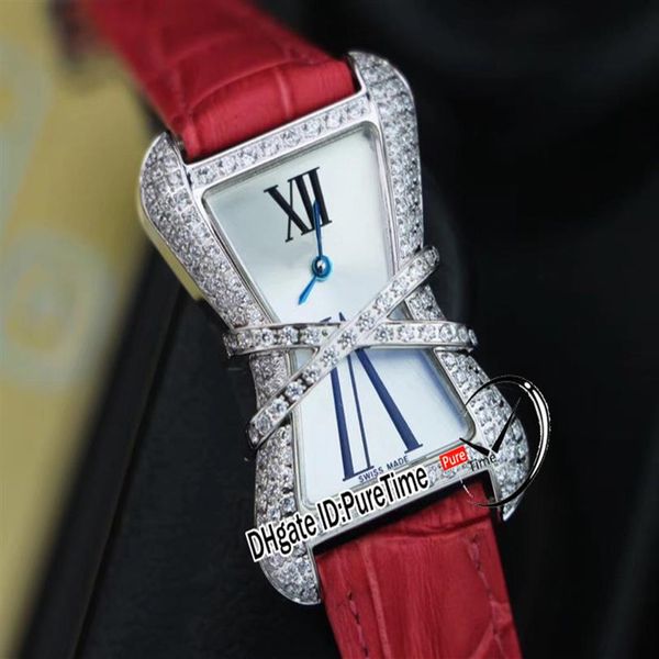 Alta gioielleria Libre WJ306014 Diamond Enlacee svizzero al quarzo orologio da donna da donna con diamanti lunetta bianco MOP quadrante rosso in pelle Nuovo Puretime326O