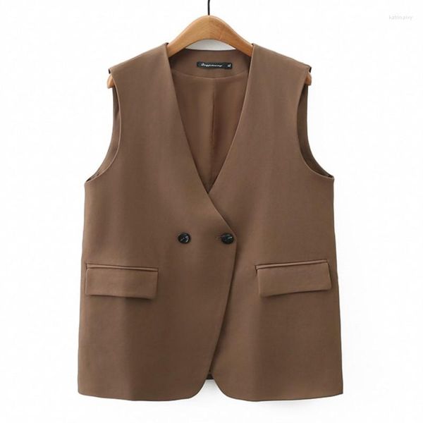 Vêtements d'extérieur 2023 Automne Femmes Veste sans manches Grande taille Vêtements décontractés MD-LONG Costume à double boutonnage Gilet Courbe Vêtements d'extérieur K6 2326