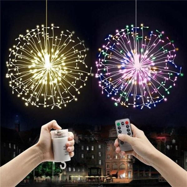 Pendurado led firework fada string luz remoto 8 modos gypsophila luzes do feriado ao ar livre casa guirlanda natal festa de casamento decor232o