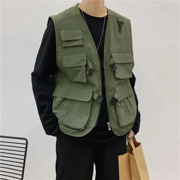 Erkek Yelekler İlkbahar Yaz Erkekler Ordu Yeşil Erkek Ceket Kolsuz Teknik Giyim Sokak Giyim Yelek Askeri Katlar Çoklu Yük Rulman Cepleri