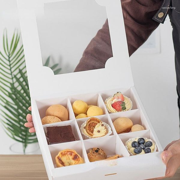 Geschenkpapier-Cupcake-Boxen, 5 Packungen, weiße Träger-Bäckerei mit Fensterband und Einsätzen für 9 Cupcakes, Muffins oder Gebäck