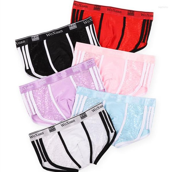 Mutande 6PCS Boxer Sexy Gay Uomo Intimo Liscio Ghiaccio Seta Patchwork di pizzo Mens Bikini Vita bassa Mutandine Tronchi Abbigliamento da casa