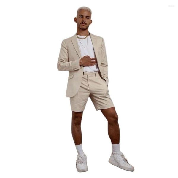 Herrenanzüge Beige Anzug mit kurzer Hose Kerbe Revers Einreiher Regular Fit Sommer Herrenkleidung Hochzeit Party Bräutigam Cotume Homme