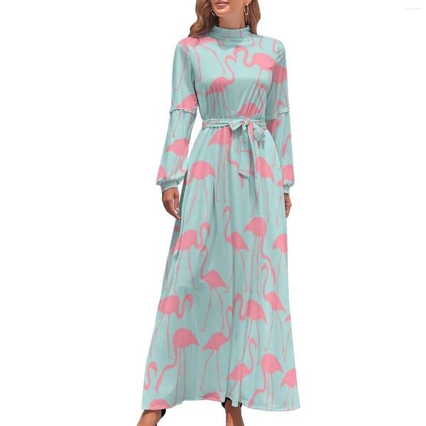 Lässige Kleider Cool Birds Print Kleid Flamingos Niedlich Maxi Street Style Strand Lange High Neck Vestidos