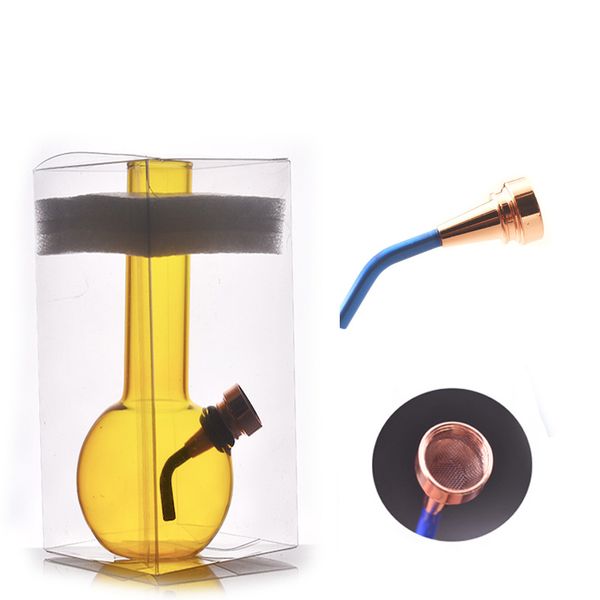 Vendita all'ingrosso Mini narghilè inebriante spesso da viaggio Protable Vetro giallo acqua dab rig bong pipa per tabacco Recycler Ash Catcher bong con arco in metallo per erbe secche fumanti