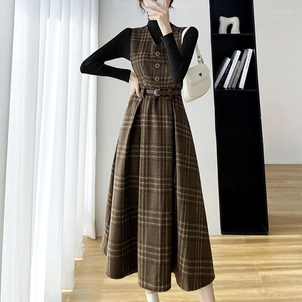 Abiti casual Moda coreana Abito lungo scozzese Donna Autunno Inverno Maglione a due pezzi Canotta di lana con cintura Abiti eleganti prendisole