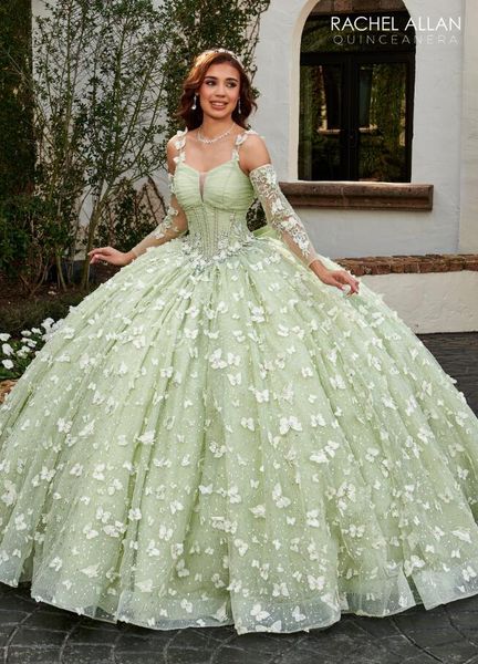 Salbeigrüne Prinzessin Quinceanera-Kleider Luxus-Schmetterlings-Blumen-Glitzerkorsett-Abschlussball-Abendkleid für 15-jährige Quinceanera-Kleider