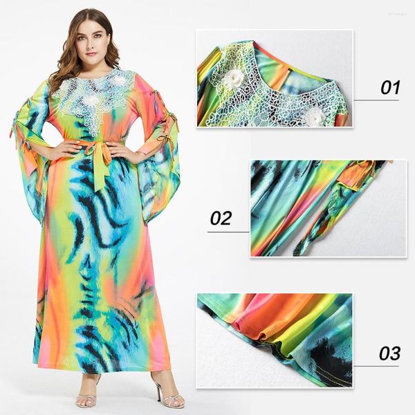 Roupas étnicas Europa e América Solta Moda Muçulmana Abaya Mulheres Verão Tie Design Mangas Flared Colorido Elegante Vestido Dubai