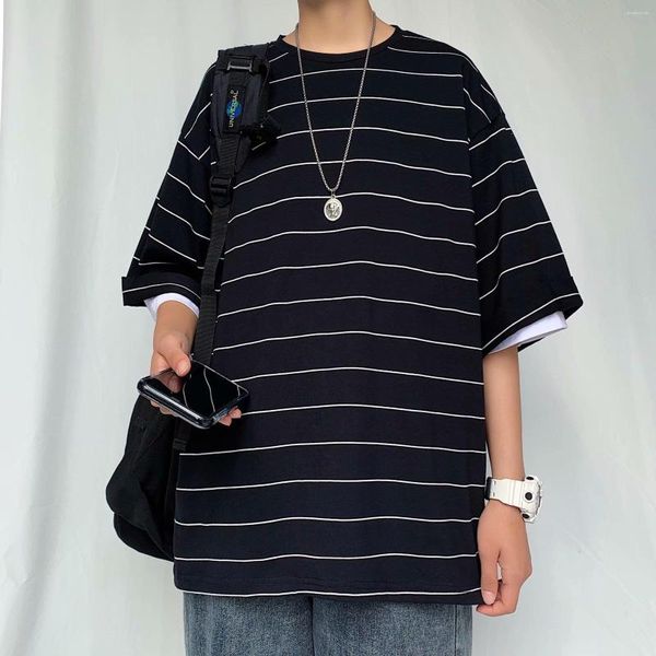 Homens Camisetas Meia Manga T-shirt Homens Tops Curto Gordo Tendência Verão Rua Solta Hong Kong Stripe Oversized Roupas