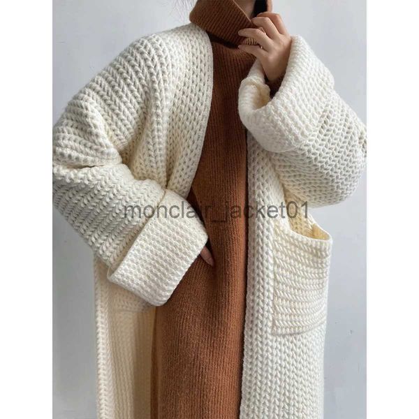 Kadın Sweaters maxi hırka örgü kazak kadın tığ işi bahar sonbahar kış kazak kalp kapalı beyaz cep örgü ceket uzun ceket jumper'ları j230928