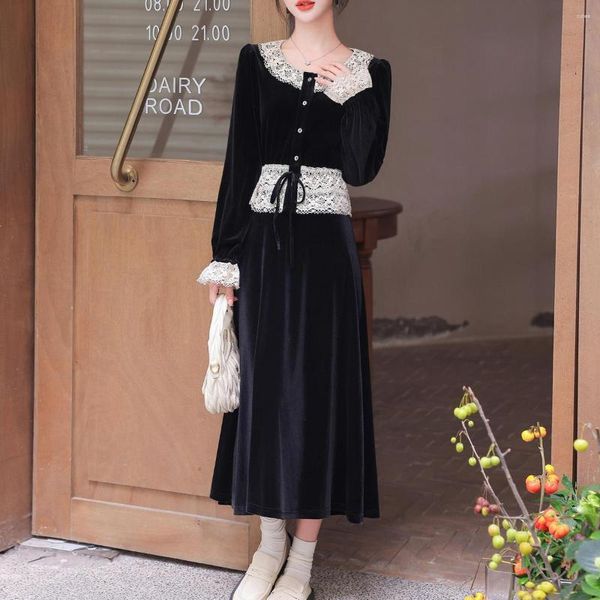 Vestido de duas peças elegante saia preta define 2 peças mulheres veludo outfits primavera outono rendas retalhos colheita tops e cintura alta saias longas