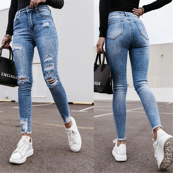 Jeans da donna Jeans a vita alta per le donne Jeans con buco strappato Tasca con bottoni Pantaloni elastici Jeans da donna slim denim Push Up Moda streetwear 230928