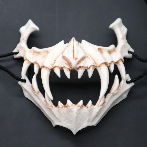 Máscara meio animal dentes longos demônio samurai máscara de osso branco tengu dragão yaksa tigre máscara de resina cosplay t200509214e