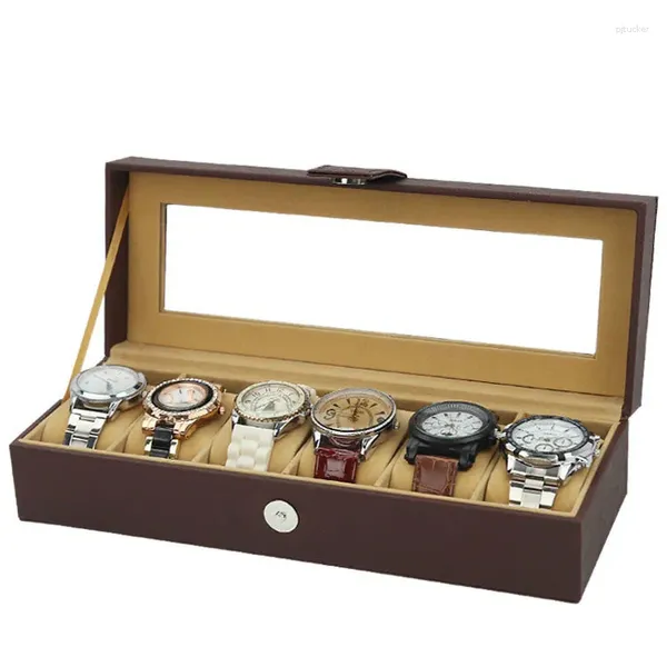 Scatole per orologi di alta qualità 6 griglie organizzatore di immagazzinaggio vetrina scatola in pelle di lusso in vetro per supporto da uomo regalo di San Valentino