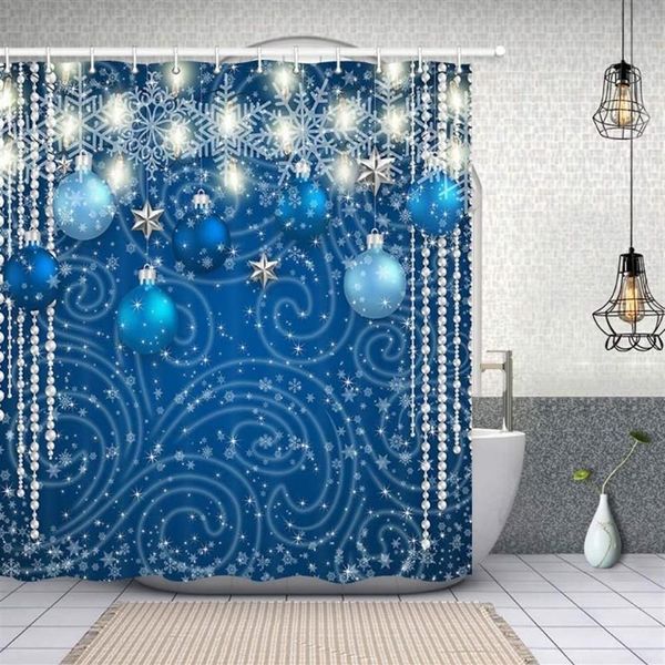 Tende da doccia Tenda natalizia Arredamento bagno Palline blu Stelle argento Luci Fiocco di neve Anno Festival invernale Schermi vasca Hoo310H