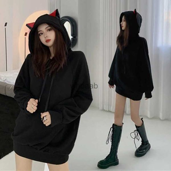 Mulheres sólidas senhoras outono inverno orelhas de gato com capuz feminino manga longa kawaii topos solto coreano pulôver roupas grossas yq230928