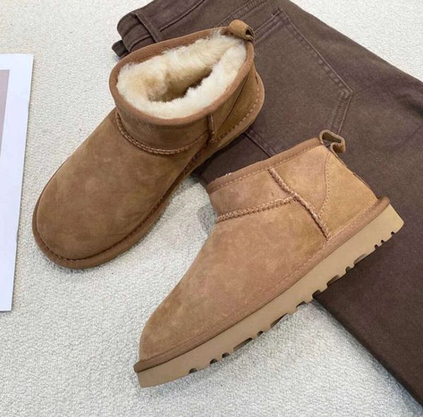 2023 Inverno Ugges Botas Fur Ultra Mini Plataforma Senhoras Neve Real Lã De Carneiro Low-Cut Sapatos Quentes Homem e Mulheres Curto Super Mens Mulheres Low Motion Design 865ess