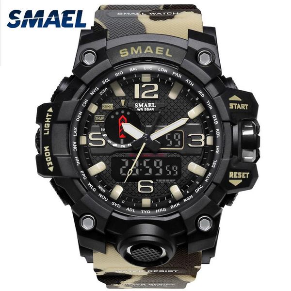 Брендовые мужские часы SMAEL, камуфляжные военные цифровые наручные часы с двойным временем, 50 м, водонепроницаемые, 1545B, спортивные часы 262R