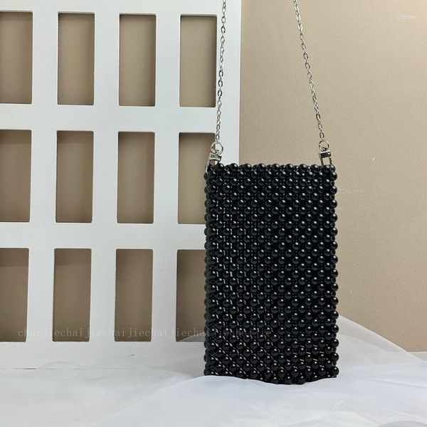 Borse da sera Borsa da donna con perline intrecciate a mano stile INS avanzato Borsa da donna con tracolla a catena staccabile nera alla moda per donna