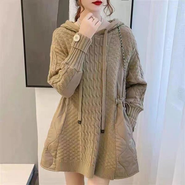 Suéteres de mujer Mujeres Otoño e Invierno 2023 Jersey de punto Grande con capucha Versión coreana Suelta Ropa exterior Empalme Moda