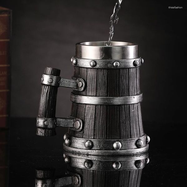 Canecas estilo pastoral barril de madeira caneca de cerveja 600ml de aço inoxidável e resina material ecológico taça de café copo de vinho sku119