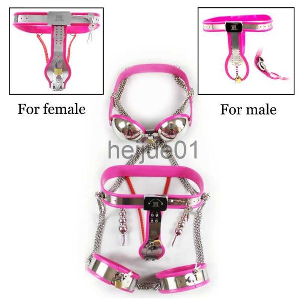 Bondage feminino / masculino escravo 3 pcs conjunto cinto de castidade calcinha galo gaiola dispositivo de aço inoxidável bdsm restrição sutiã roupa interior coxa punhos kit x0928