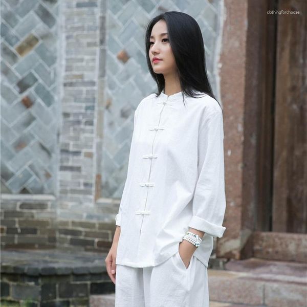 Abbigliamento etnico Camicia da donna Moda 2023 Lino Vintage Colletto alla coreana Manica lunga Bottone superiore Cappotto bianco allentato Abito Tai Chi