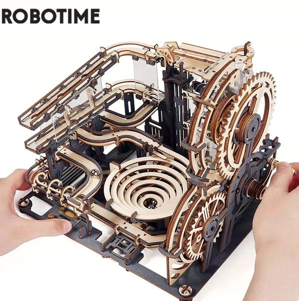 Pista elétrica / RC Robotime Rokr Marble Run Set 5 tipos 3D quebra-cabeça de madeira DIY modelo kits de blocos de construção montagem brinquedo presente para adolescentes adulto noite cidade 230928