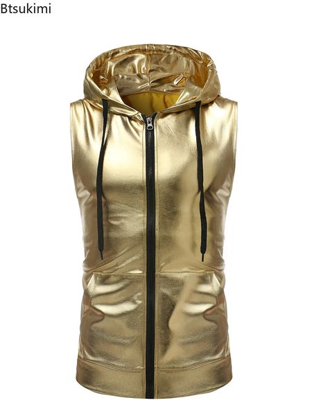 Gilet da uomo 2023 Canotta metallizzata rivestita in oro lucido Moda uomo Hip Hop Senza maniche con cappuccio Nightclub Party Dance Zipper Top Tee 230927