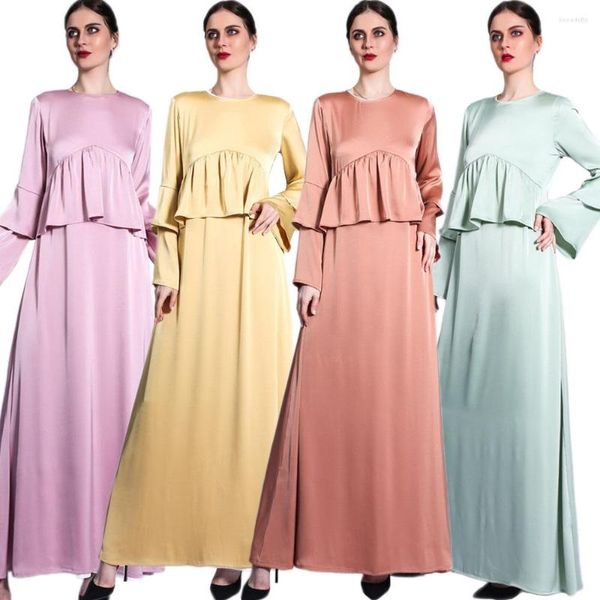 Abbigliamento etnico Elegante Abaya Donna Musulmana Raso Volant Abito lungo maxi Turchia Festa Caftano Abito islamico Dubai Abbigliamento Eid Ramadan Donna