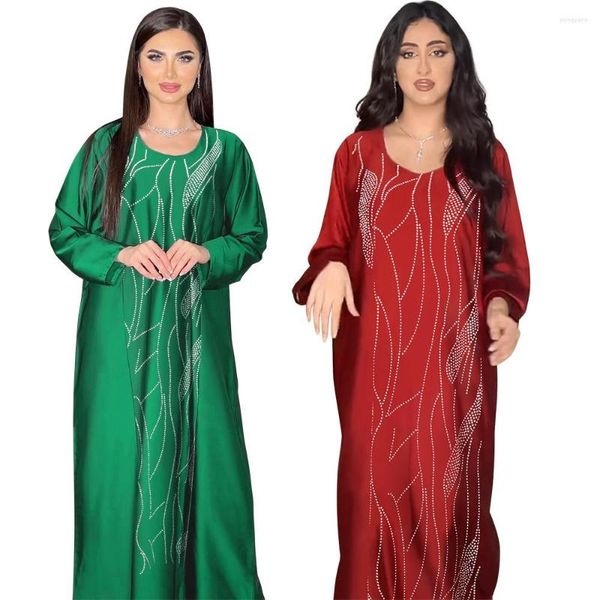 Ethnische Kleidung Abaya für Frauen O-Ausschnitt Rot Grün Robe Dubai Türkei Musselin Damenmode Diamant Einbettung Lose Swing Casual