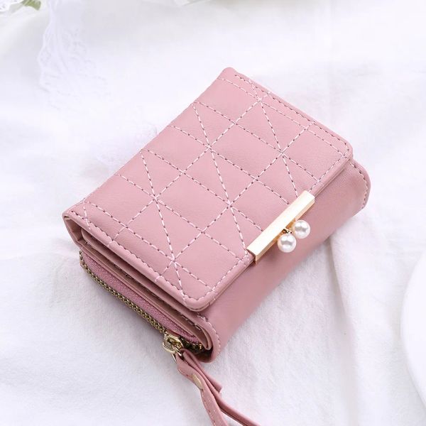 Nuovo portamonete da donna di moda color caramella portamonete in pelle tinta unita vintage portafoglio corto con perla Hasp pochette porta carte da donna