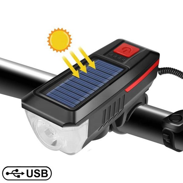 Luz de bicicleta movida a energia solar com chifre, farol de bicicleta solar USB à prova d'água, modo de 5 luz, para andar de bicicleta de bicicleta