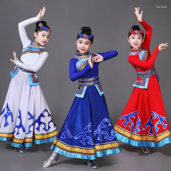 Bühnenkleidung Kinder Mongolisches Tanzkostüm Chinesisches altes Nationalkleid Tanzkleidung Mädchen Tibetisches Outfit Minderheit