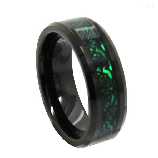 Кольца кластера, кольцо из карбида вольфрама, 8 мм, с фаской, электрическое, черное, с инкрустацией, зеленое дно, узор дракона для мужчин, женщин, свадебные украшения