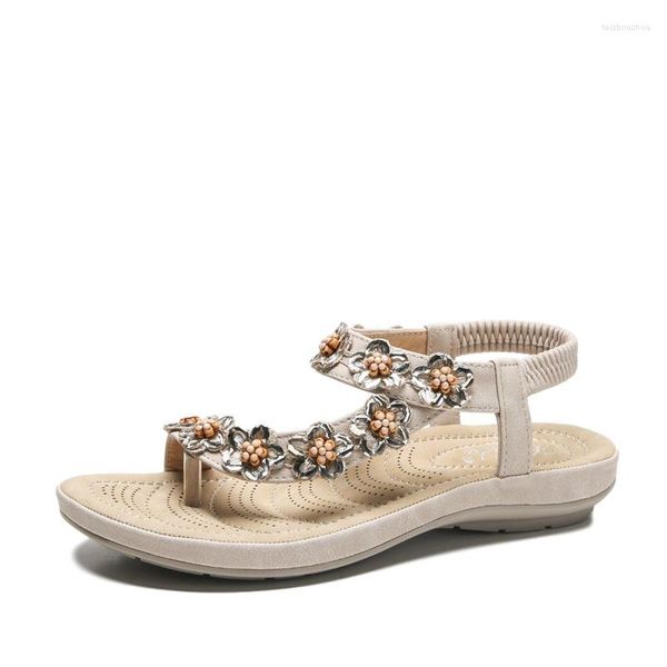 Sandalen Sommer Frau PU Gummiband 2 cm Flache Spitze Runde String Bead Blumen Flache Niedrige Heels Schuhe Frauen Größe 36-44