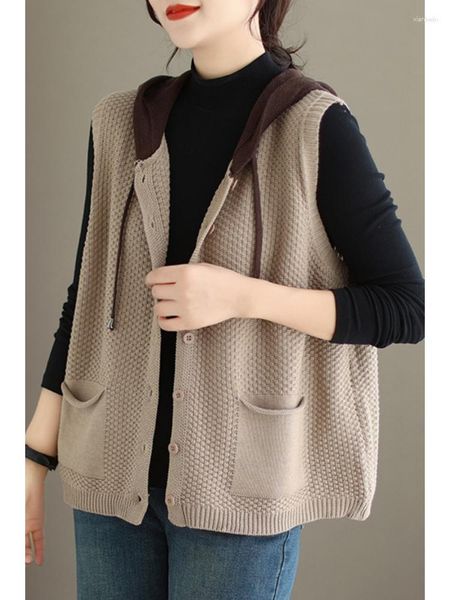 Gilet da donna Donna Autunno Letterario Vintage con cappuccio Cardigan ampio senza maniche a contrasto Gilet versatile Streetwear Monopetto lavorato a maglia