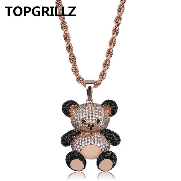 Topgrillz hip hop cobre rosa ouro prata cor zircão cúbico panda pingente colar charme para homens mulheres jóias colares presentes214g