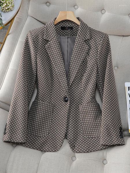 Ternos femininos moda café azul preto listrado senhoras casual blazer feminino manga longa único botão feminino outono inverno jaqueta com bolso