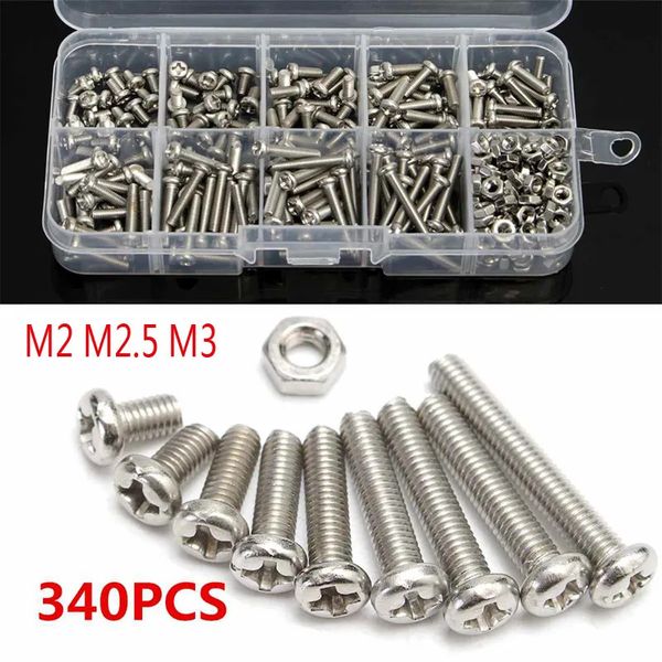 Peças de ferramentas 340pcs M3 M2 M2.5 304 Aço inoxidável Cross-headSet Parafusos Parafusos Porca Cabeça Parafuso Conjunto Fixador Sortimento Kit Ferramentas de reparo Conjunto 230928