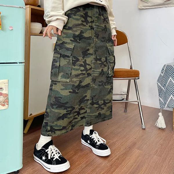 Duas peças vestido coreano moda camuflagem saias streetwear y2k roupas tendência carga longa saia baggy cintura alta jean meia saias para mulheres 230927