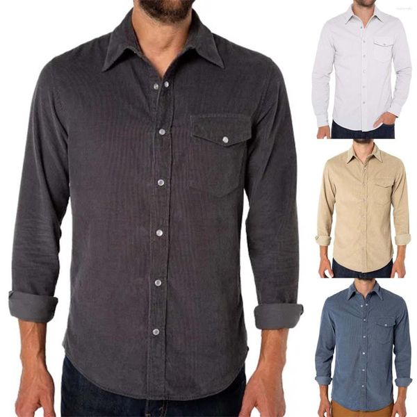 Homens camisetas Moda Corduroy Primavera Bolso Botão Manga Longa Lapela Camisa Top Homens Grandes e Altos Vestido Impresso