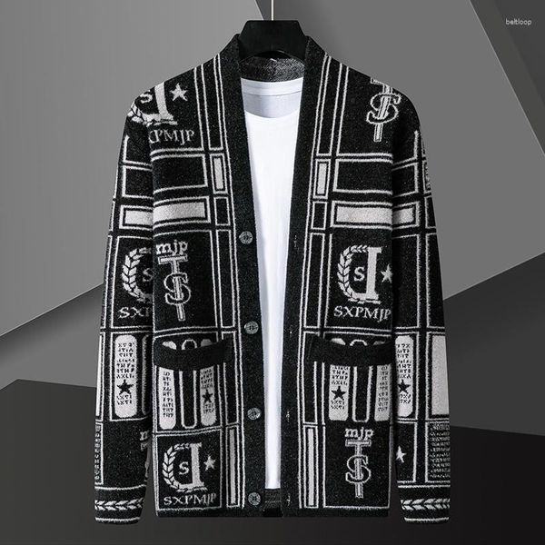 Suéteres masculinos Designer outono malha cardigan jaqueta homens personalidade carta impressão sweter de hombre casaco coreano