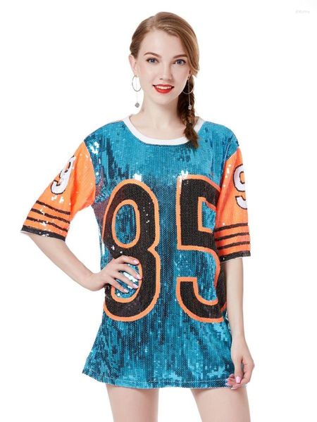 Vestidos de festa Cheerleaders Stage Performance Roupas Soltas Oversized Causal 85 Carta Shift Lantejoulas Camiseta Mini Vestido Hip-Hop Long Tee