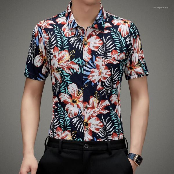 Camisas casuais masculinas 2023 verão moda flor homens mercerizado algodão manga curta vestido camisa