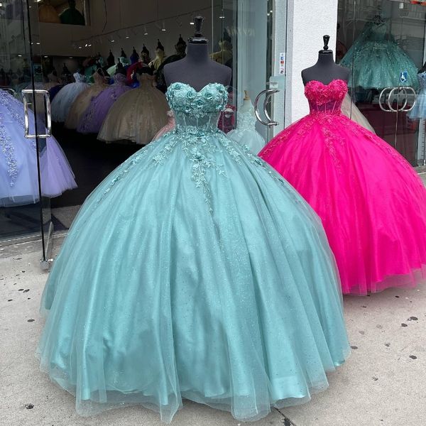 Glitzerndes, aquablaues Spitzen-Quinceanera-Kleid, Ballkleid, 2024, herzförmiges, schulterfreies, perlenbesetztes Tüll-Sweet-16-Kleid mit Schnürung