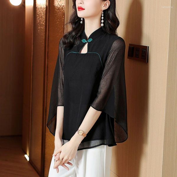 Abbigliamento etnico 2023 Stile Cinese Migliorato Cheongsam Top Collare Delle Donne Camicetta di Chiffon Elegante Casual Quotidiano Scava Fuori Nero Qipao